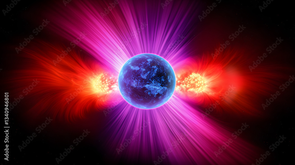 Poster artistic visualization of a planet surrounded by a bright red and blue star with solar wind interact