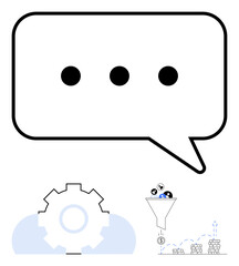 Large speech bubble with three dots above gear, funnel filtering data into dollar signs and graphs. Ideal for communication, automation, data processing, lead generation, workflow, strategy, flat