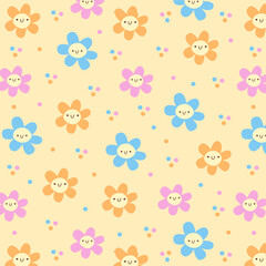 Cute seamless floral pattern with smiling pastel flowers &ndash; kawaii children's vector design for nursery decor, fabric, wallpapers, and gift wrapping