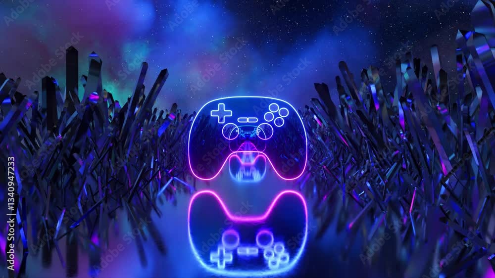 Poster glowing neon gamepad floating within dark crystal cave, emanating mesmerizing luminescence through i