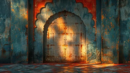 A large archway with a rusty door is the focal point of the image