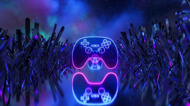 Glowing neon gamepad floating within dark crystal cave, emanating mesmerizing luminescence through intricate shadowy environment and creating immersive futuristic visualization
