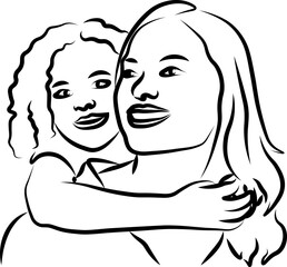 Illustration des Silhouettes d'un Maman et sa Fille pour la Fête des Mères Clipart Dessiné à la Main