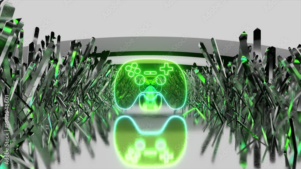 Poster green glowing gamepad icon appearing in a metallic abstract environment on white background with ref