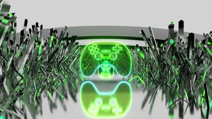 Green glowing gamepad icon appearing in a metallic abstract environment on white background with reflections creates a futuristic cyberspace atmosphere - Powered by Adobe