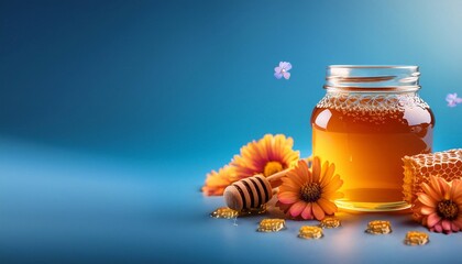 flower honey in a jar and honeycomb on a bright background with space for text