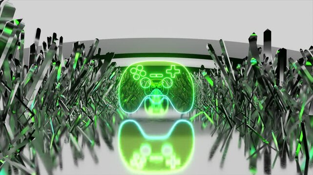 Green glowing gamepad icon appearing in a metallic abstract environment on white background with reflections creates a futuristic cyberspace atmosphere