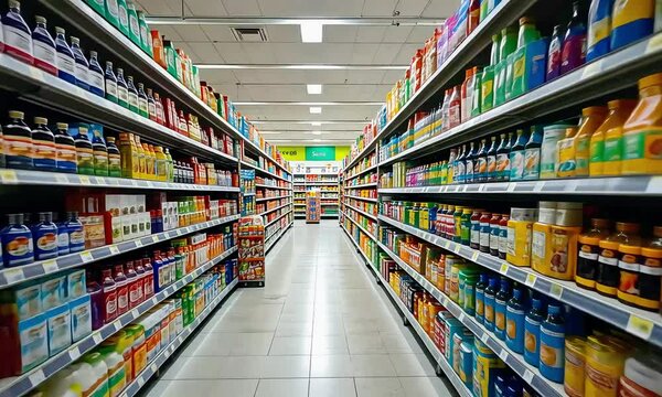 Grocery Store Aisles: A vibrant perspective showcases aisles filled with products. A wide array of food, beverages, and household items lines the shelves, inviting exploration and discovery. 
