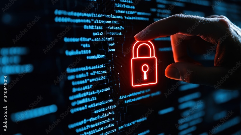 Poster threat to cloud data security, a hand interacting with a glowing red digital lock in a high-tech env