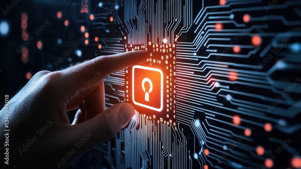 Poster threat to cloud data security, a hand interacting with a glowing red digital lock in a high-tech env