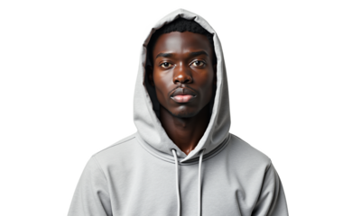 Serious portrait of a young man with dark skin in a gray hoodie, neutral expression. Isolated on transparent background. Ideal for profile pics, website hero images, and diverse representation.