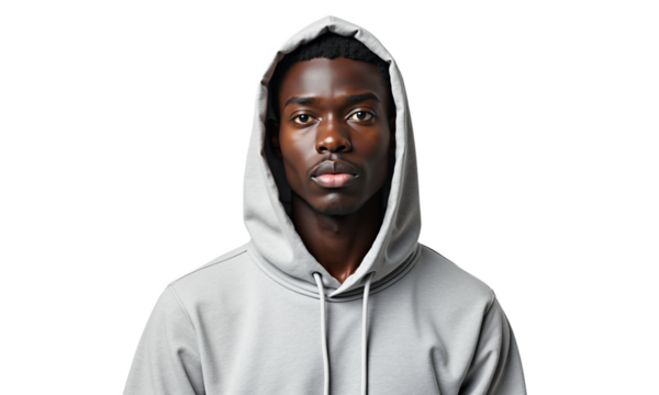Serious portrait of a young man with dark skin in a gray hoodie, neutral expression. Isolated on transparent background. Ideal for profile pics, website hero images, and diverse representation. - Powered by Adobe