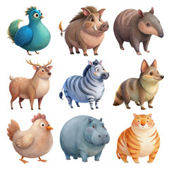 Set of cube chubby water color animals - Peacock, wild boar, anteater, deer, zebra, fox, hen, hippo, tiger, transparent  background,  illustration, clipart for kids