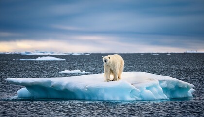 Naklejka premium A lonely polar bear standing on a melting iceberg in the Arctic, symbolizing the devastating effects of climate change and habitat loss. 