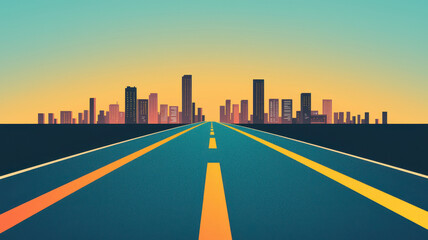 Fototapeta premium vibrant city skyline at sunset with long road ahead