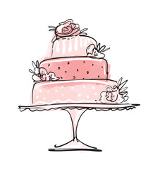 Birthday cake icon, wedding cake with floral decor, pink sketch, hand drawn vector illustration isolated on white background. Logo for pastry shop.
