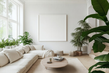 Fototapeta premium Bright Scandinavian Living Room with Large White Picture Frame Mockup