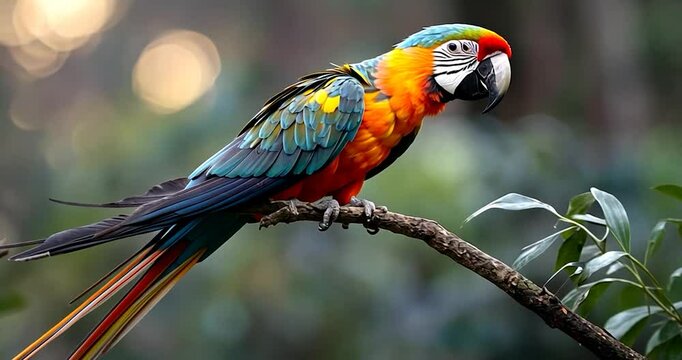 Vibrant blue, orange, and green macaw perched on a tree branch, set against a softly blurred green and brown background.  The bird's plumage is detailed, and the lighting is soft and natural