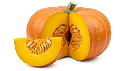 Whole pumpkin and slice of pumpkin isolated on white background.
