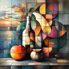 Cubist Still Life Abstractions and Fragmented minimalist mixed-media artwork deconstructing still life compositions. Embrace the innovative approach to depicting objects in this art. 