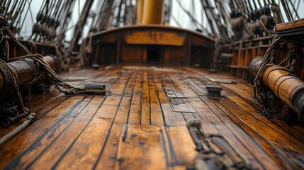 Close-up view of a pirate ship deck with sails under overcast skies