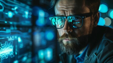 Expert analyzing data breaches and malware threats in a modern cybersecurity environment