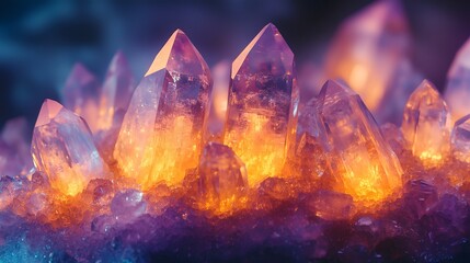 Close-up view of radiant quartz crystals illuminated in warm hues for stunning background and wallpaper options