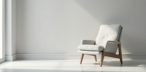 A light-grey upholstered armchair with wooden legs rests in a minimalist room bathed in sunlight, creating a serene and calming atmosphere.