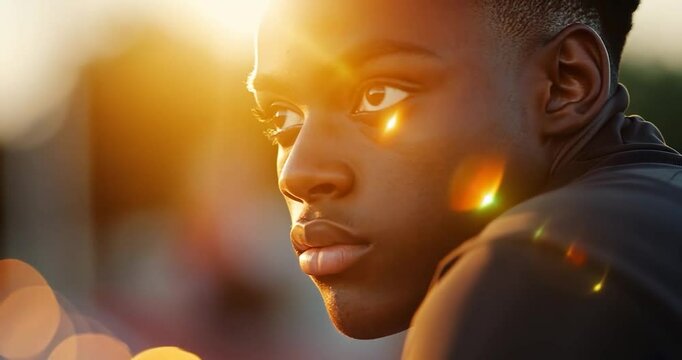 Close-up portrait of a young man with dark skin, captured during sunset.  Warm golden light illuminates his face, creating lens flares.  Bokeh background shows out-of-focus lights