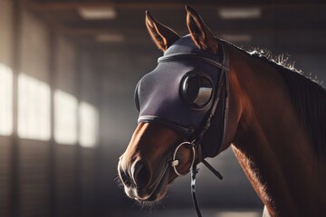 A horse wearing a mask is depicted in this image, which can be used for farm or animal-themed projects