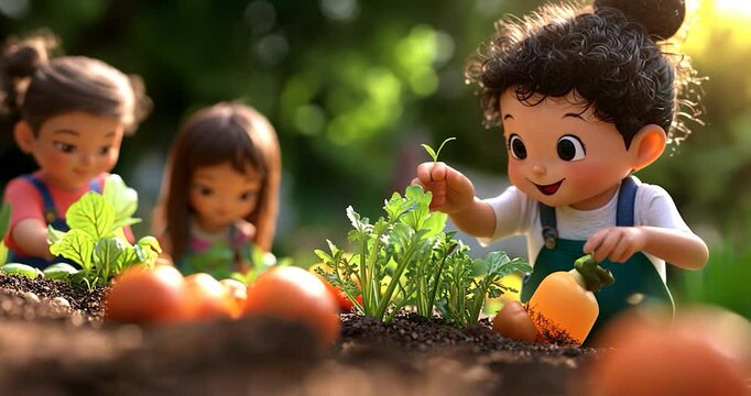 Three happy cartoon children tend a garden, harvesting ripe vegetables in warm sunlight.  A joyful scene of outdoor play and gardening