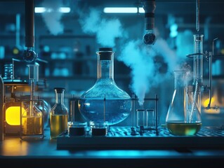 A laboratory scene with various glassware and equipment,