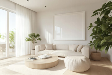 Bright Scandinavian Living Room with Large White Picture Frame Mockup