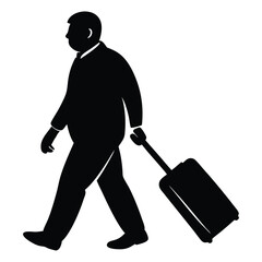 Businessman walking with travel luggage, isolated vector silhouette, Man pulling a suitcase silhouette vector art black color design