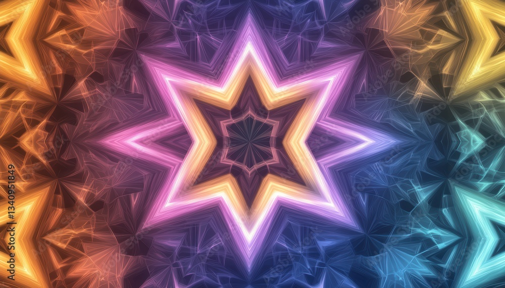 Poster seamless tessellated hyperdimensional celestial symbols shifting in neon holograms, futuristic cosmi