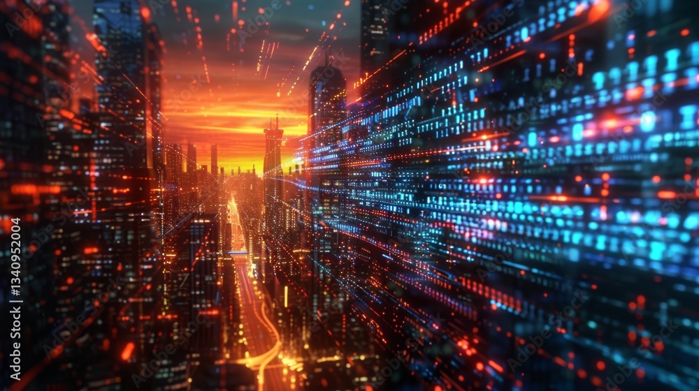 Poster protecting data from ai-driven malware in urban environments with advanced firewalls at sunset