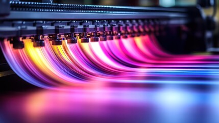 Colorful printing press in action, vibrant inks, factory background, industrial process