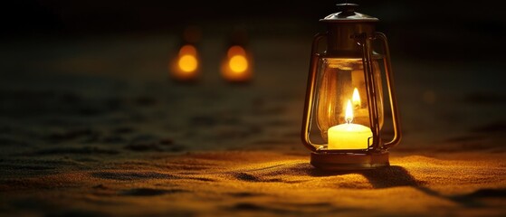 A lit candle sits on the sandy beach, adding warmth to the coastal scenery
