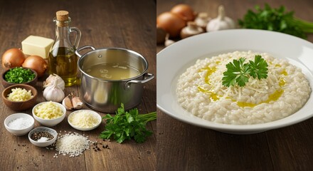 Preparing Creamy Risotto with Parmesan Cheese and Fresh Herbs on Wooden Surface
