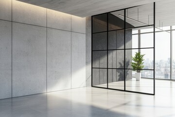 Spacious industrial loft living room with minimalist decor, large glass panels, textured concrete wall, Scandinavian aesthetic, soft sunlight, ultra-HD quality