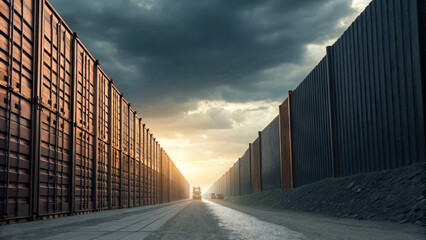 A conceptual artwork of an imposing iron barrier dividing trade routes, symbolizing economic restrictions and tariff challenges in a stylized, dramatic setting.