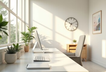 bright airy minimalist workspace design featuring natural light organized increased productivity calmness, aesthetic, ambiance, arrangement, art, balance