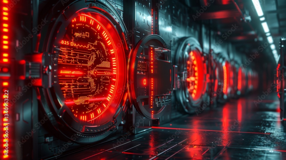 Poster exploring futuristic data protection systems in a high-tech cybersecurity environment