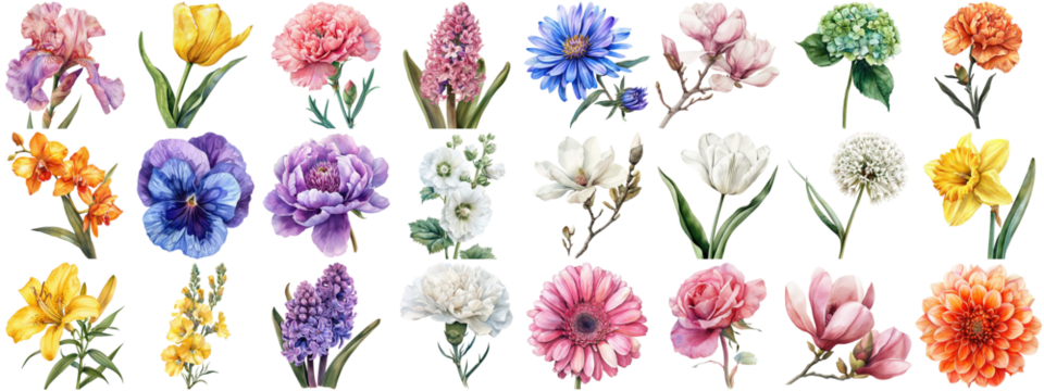 Watercolor flower set isolated background. Various floral collection of nature blooming flower clip art illustration element for retro flora wedding or romantic valentine card. crisp edges cut out.