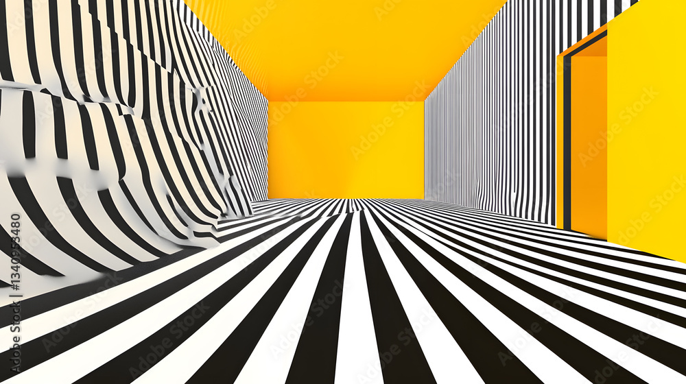 Poster 3d black and white lines in perspective with yellow elements abstract vector background, linear pers