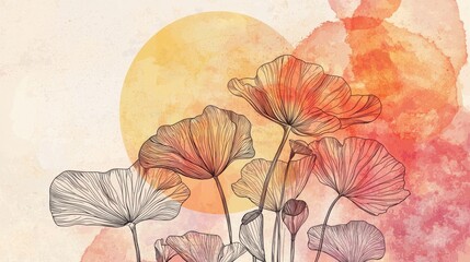 Floral and botanical line art background. Summer tone with tropical leafy , lotus flower, ginkgo leaves, branch vector. Watercolor wallpaper and circle sun for banner, prints, poster, wall art.
