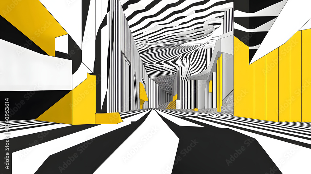 Poster 3d black and white lines in perspective with yellow elements abstract vector background, linear pers