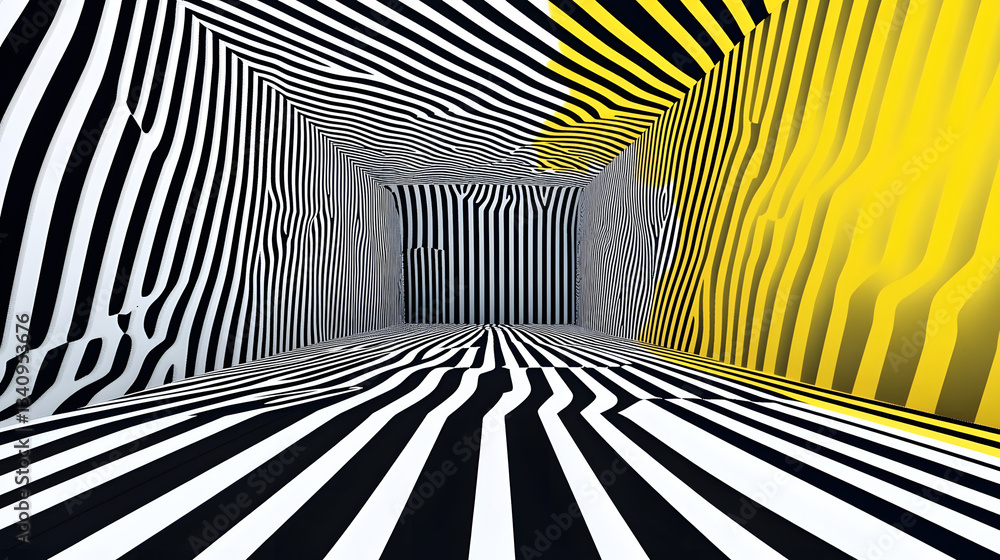 Poster 3d black and white lines in perspective with yellow elements abstract vector background, linear pers