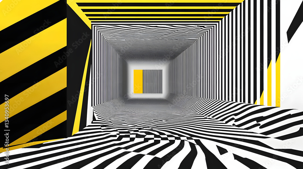 Poster 3d black and white lines in perspective with yellow elements abstract vector background, linear pers