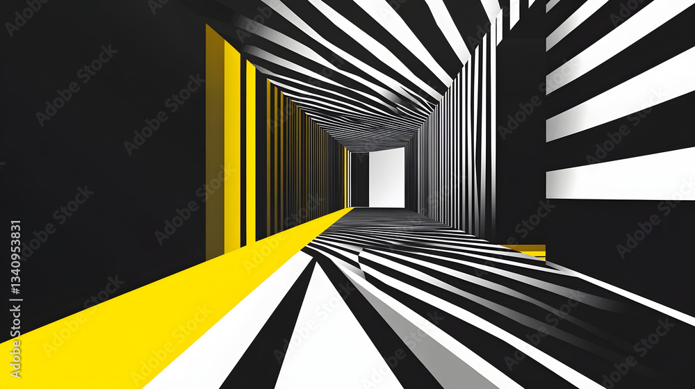 Poster 3d black and white lines in perspective with yellow elements abstract vector background, linear pers
